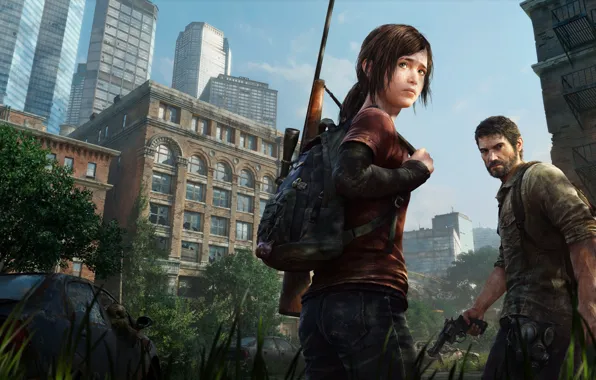 Wallpaper The city, Skyscrapers, Ellie, Two, Game, Rifle, Joel