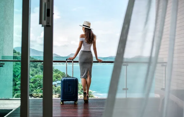 Woman, hotel, bag, travel, suitcase, carry-on