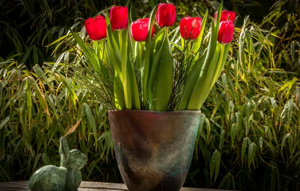 Flowers, bouquet, garden, rabbit, tulips, red, pot, figure