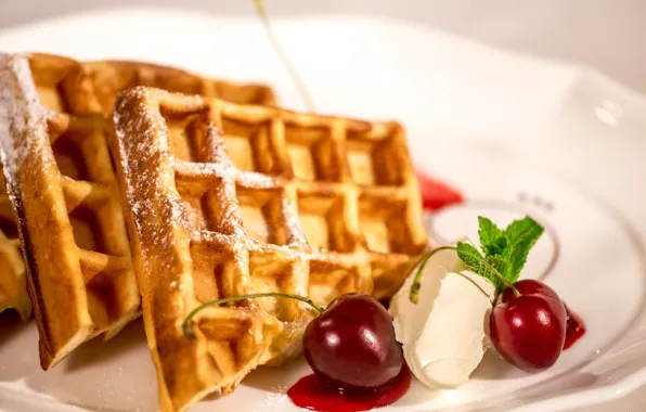 Ice cream, dessert, waffles, cherry