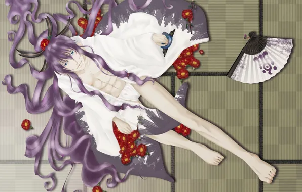 Barefoot, fan, vocaloid, Vocaloid, Bathrobe, sitting on the floor, looking up, tatami