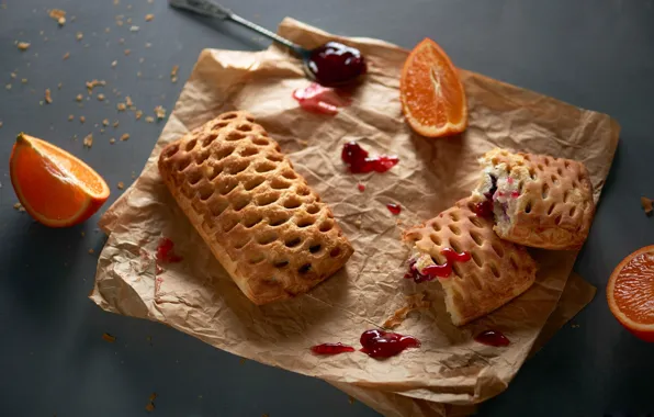 Oranges, cookies, cakes, jam