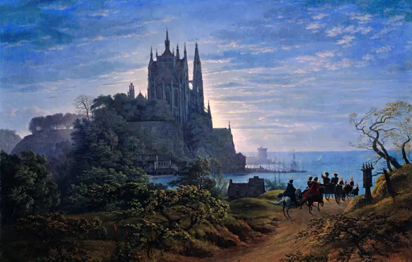 Sea, castle, picture, rider, painting, painting