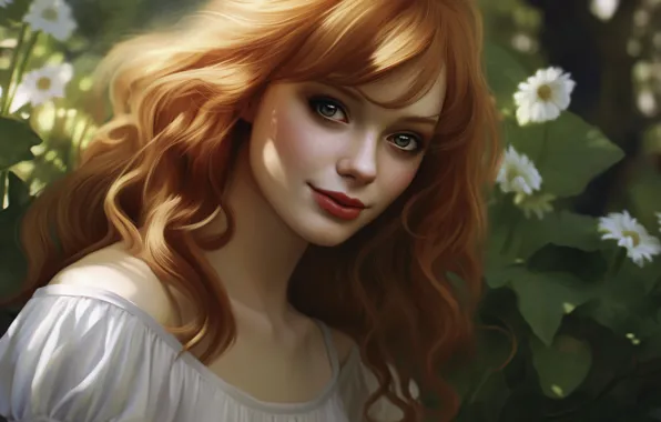 Picture look, girl, light, flowers, pose, smile, graphics, portrait