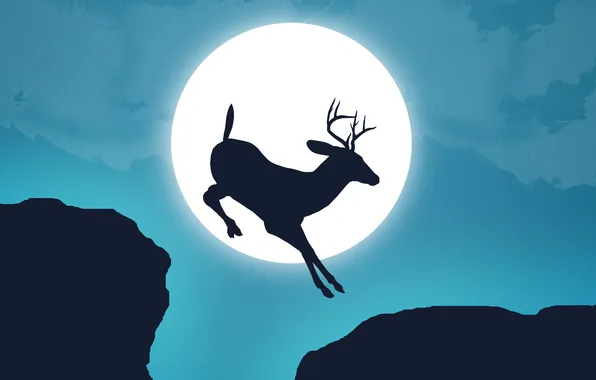 Picture the sky, open, jump, the moon, deer, horns, abyss, silhouette