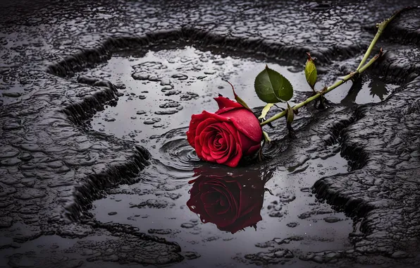 Flower, rain, earth, rose, moisture, puddle, dirt, red