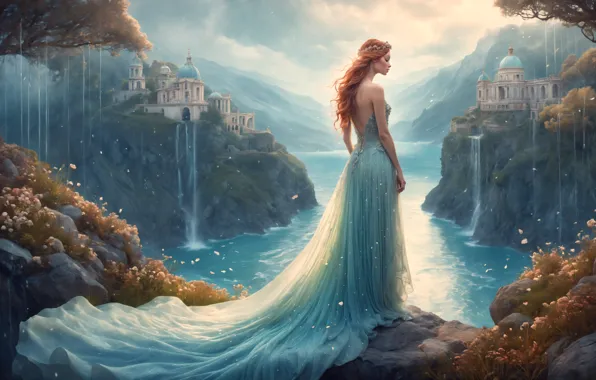 Picture girl, flowers, mountains, fog, castle, rocks, shore, waterfall