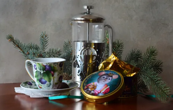 Table, tea, new year, kettle, tape, Cup, tree, still life
