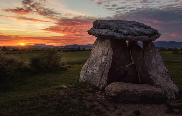 Field, the sky, the sun, landscape, sunset, mountains, nature, stones