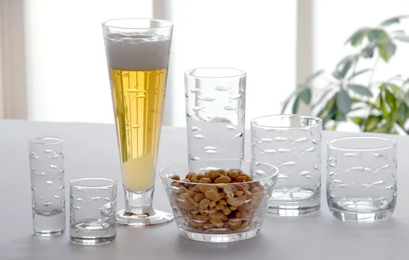 Beer, glasses, set, peanuts