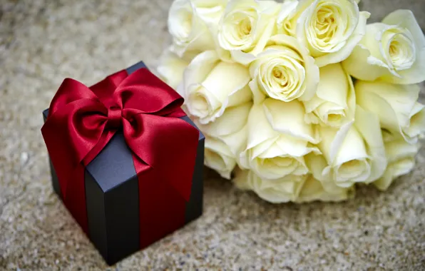 Box, gift, roses, love, bow, heart, flowers, romantic
