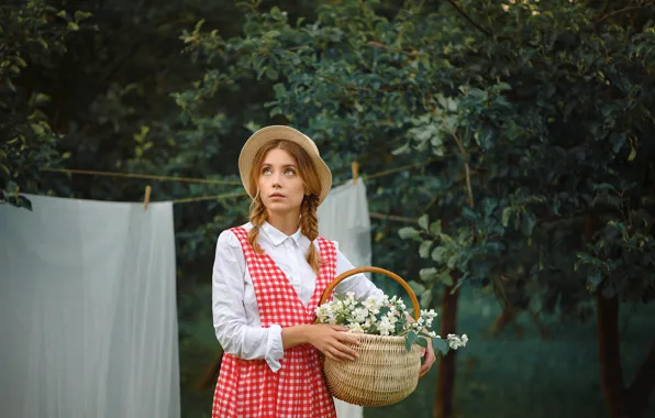 Girl, trees, basket, garden, braids, hat, sundress, Jasmine