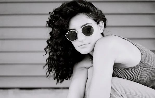 Picture girl, glasses, black and white, curls