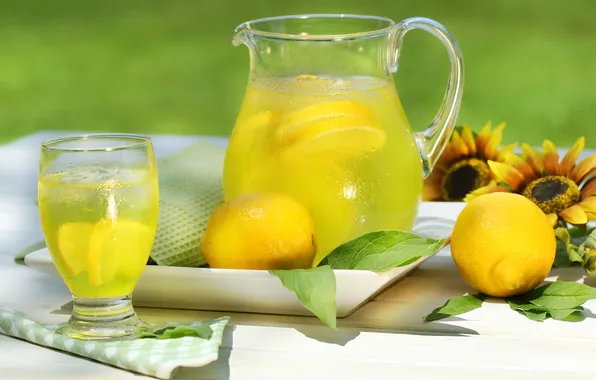 Picture glass, lemon, sunflower, pitcher, Lemonade