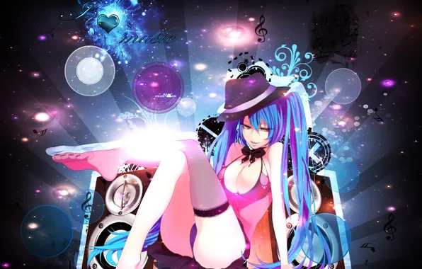 Girl, stockings, music, hat, vocaloid, hatsune miku, Vocaloid, Hatsune Miku