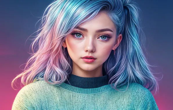 Fantasy, Blue eyes, Asian Girl, Blue hair, AI art