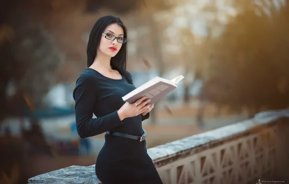 Girl, dress, black, glasses, book