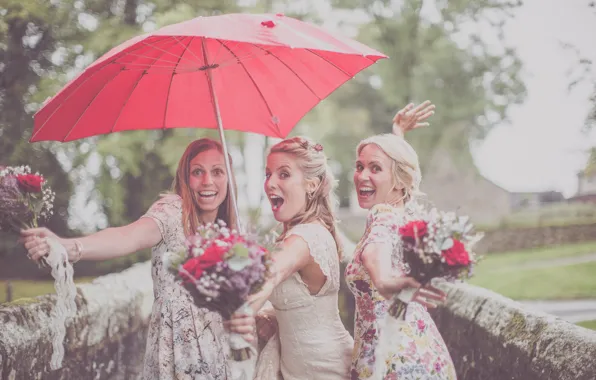 Smile, girls, tree, bouquet, umbrella, bokeh, dresses