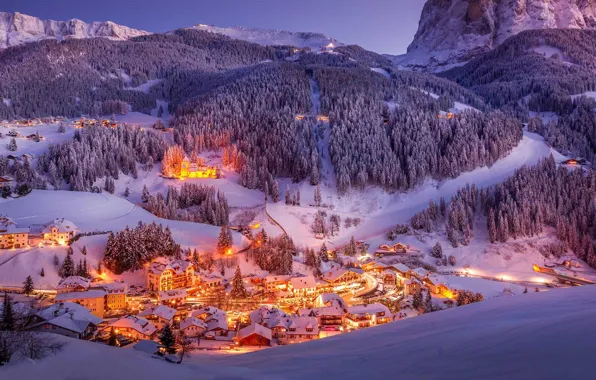 Winter, snow, mountains, lights, valley, Italy, The Dolomites, Val Gardena