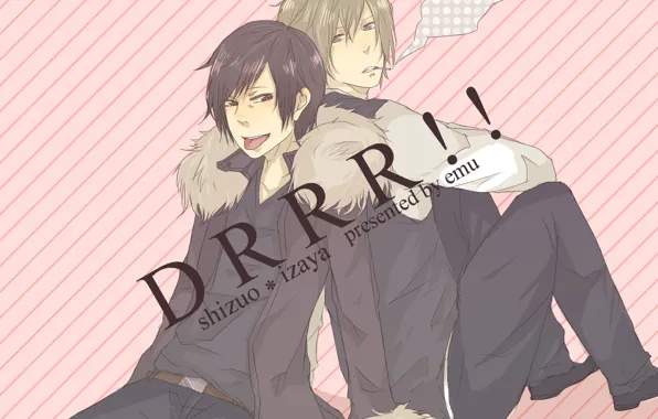 Smoke, guys, sitting, back to back, Durarara, Durarara, Of Izaya Orihara, Heiwajima Shizuo