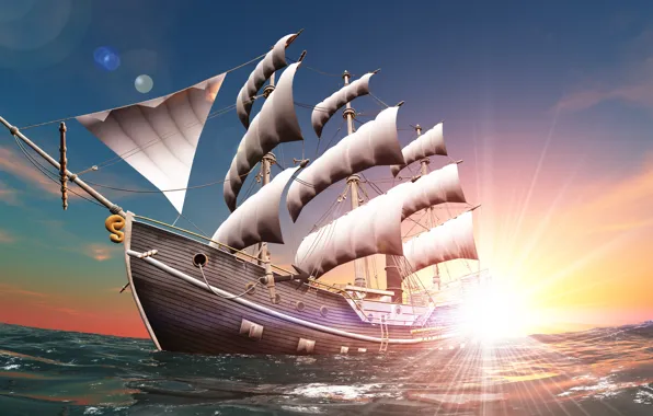 The sky, the sun, landscape, rendering, dawn, graphics, ship, beauty