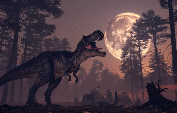 Night, Trees, The moon, Predator, Dinosaur, Roar, Animal, Digital art