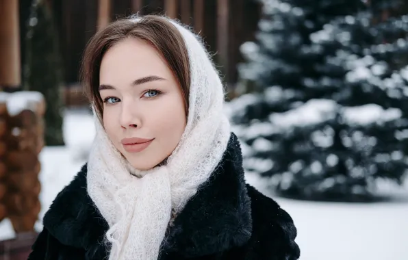 Winter, look, girl, shawl, Liza, bokeh, coat, Kirill Sokolov
