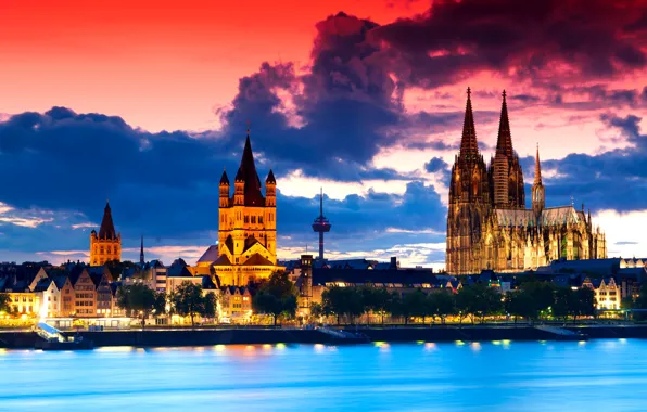 Picture the sky, clouds, sunset, the city, Gothic, the evening, Germany, panorama