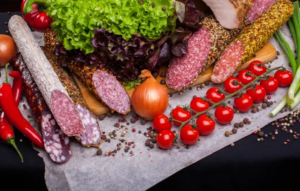 Bow, Board, pepper, vegetables, tomatoes, sausage, salad, tomatoes
