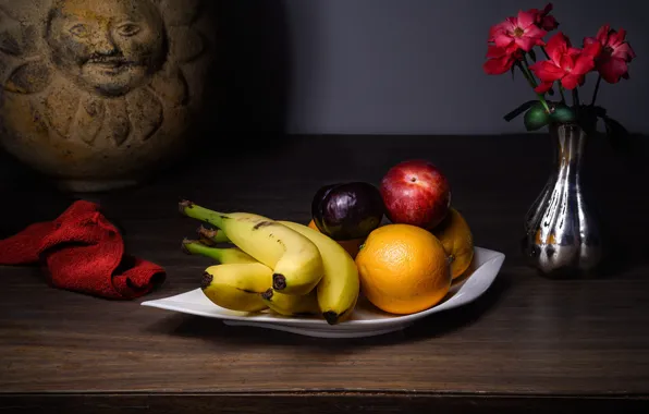 Flowers, table, roses, towel, oranges, plate, bananas, red
