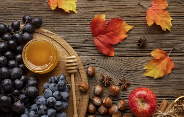 Autumn, leaves, background, Board, colorful, harvest, grapes, fruit