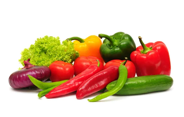 Cucumber, bow, white background, pepper, sharp, vegetables, tomatoes, cabbage