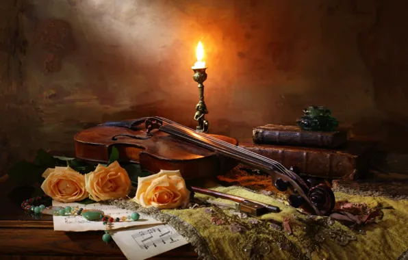 Picture violin, books, roses, candle