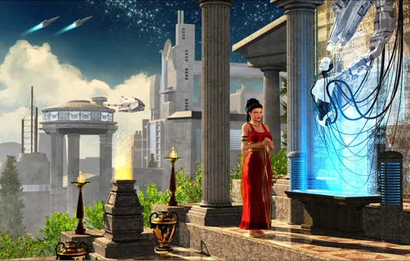 The sky, clouds, the city, tree, fire, woman, tower, stars