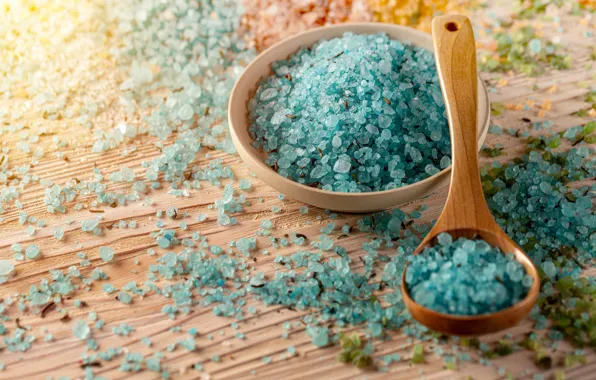 Board, spoon, bowl, placer, blue, Spa, sea salt, salt for the bath