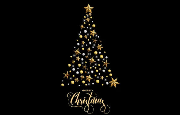 Decoration, gold, tree, New Year, Christmas, golden, black background, black