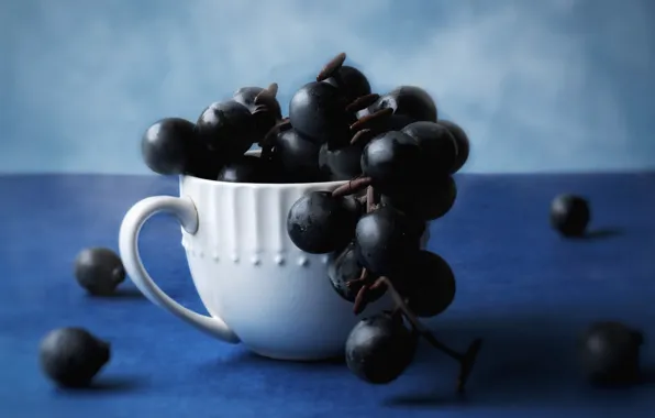 Black, grapes, bunch, mug, blue background, bokeh