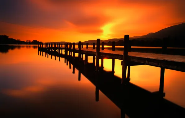 Picture sunset, mountains, lake, the evening, pier, pierce, glow