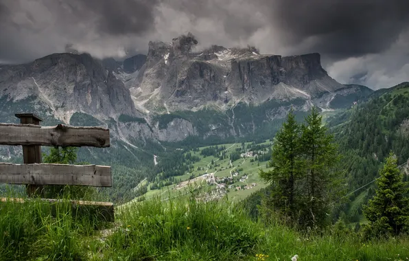Picture landscape, mountains, bench