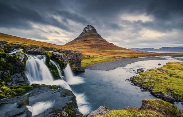 Picture the sky, grass, clouds, nature, river, rocks, mountain, waterfall