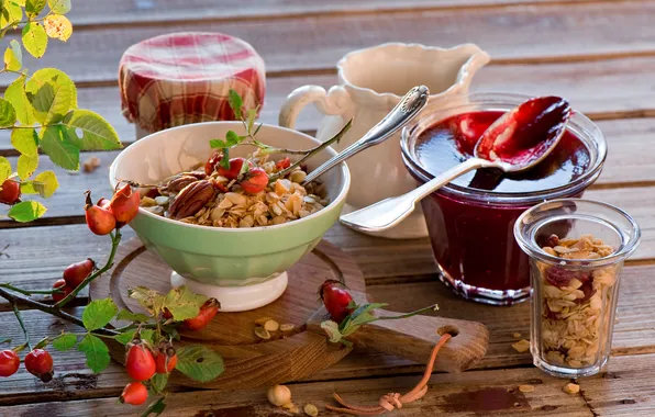 Breakfast, briar, still life, jam, muesli