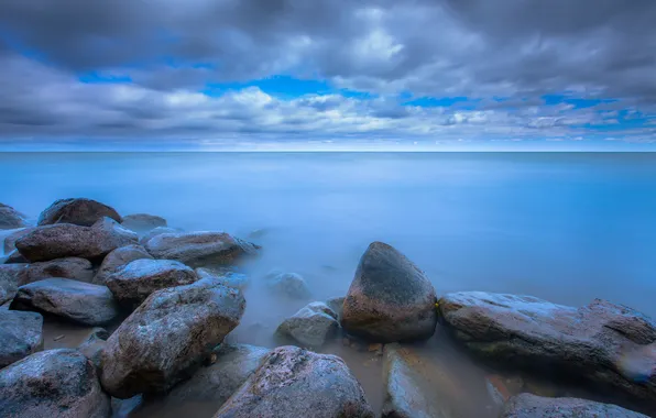 The sky, clouds, lake, stones, blue, shore, Michigan, USA