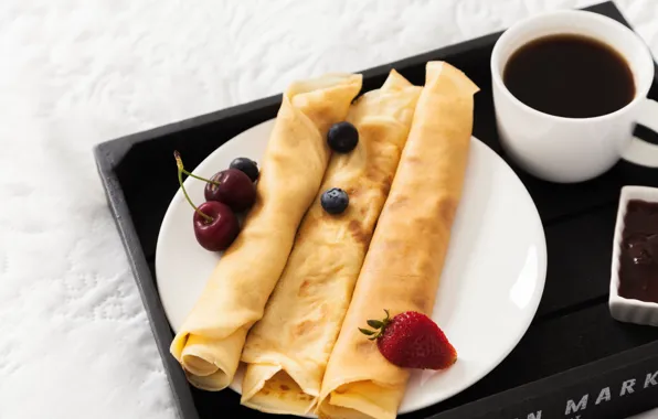 Cherry, berries, coffee, morning, strawberry, plate, tray, pancakes