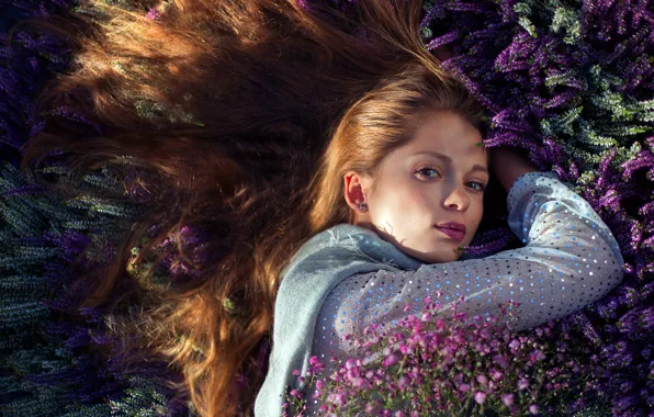 Picture look, girl, flowers, face, portrait, lies, brown hair, long hair