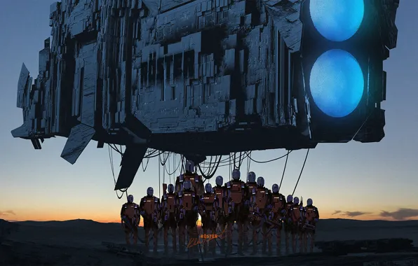 Sunset, fiction, ship, planet, robots, art