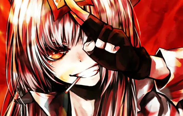 Face, smile, hand, cigarette, glove, touhou, Fujiwara no Mokou