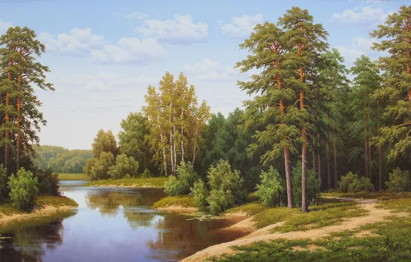 Trees, River, Picture, Russian artist, Yakov Chernyai, Forest landscape with river, Yakov Chernyay