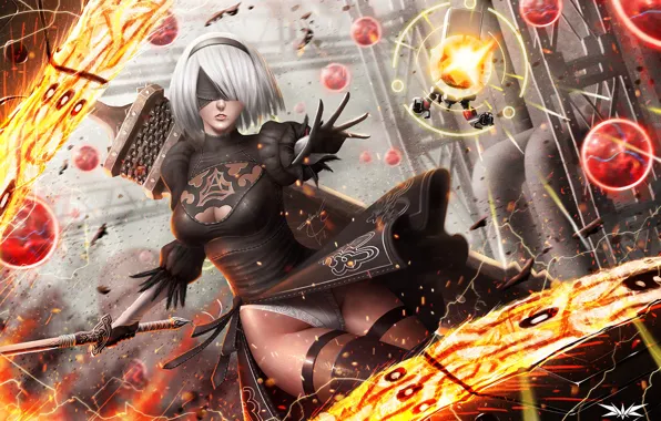 Girl, Figure, Sword, Sparks, Android, Art, Nier, Illustration