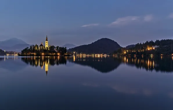 Picture mountains, night, nature, lights, island, Church, Slovenia, lake bled
