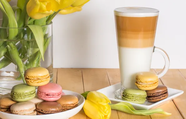 Flowers, glass, tulips, latte, macaroon
